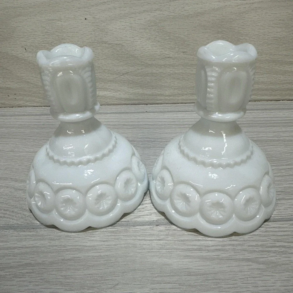 L.E. SMITH Milk Glass Moon & Star Candlestick Pair 4x4.5